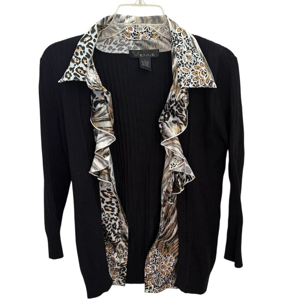 VENUE Women's Black Animal Print Ruffle Cardigan Size‎ L